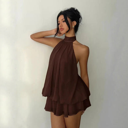 Vacation Figure Flattering Fashionable Sexy Backless Halter Lace Up Waist Trimming Solid Color Dress  DestGlow