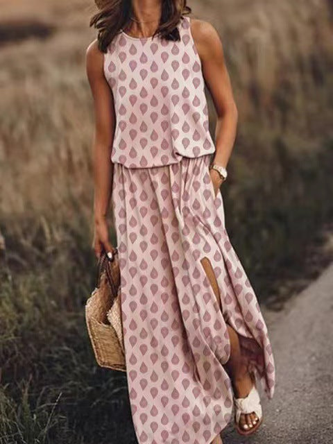 Spring Summer Women Clothing round Neck Sleeveless Dress Split Solid Color Casual Office Dress by Ragazza