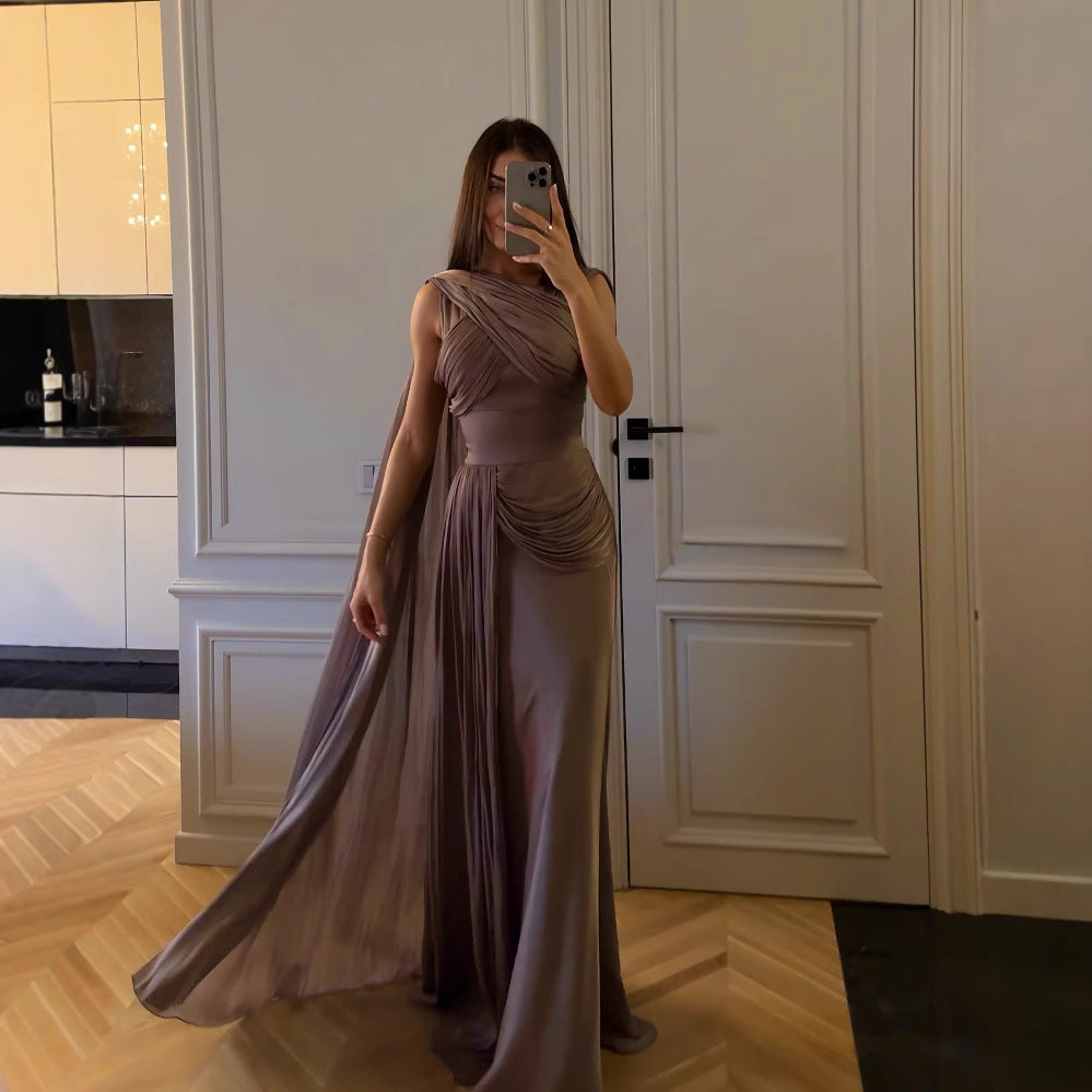 Spring Summer Women Clothing Pleated Ribbon Satin Evening Dress  DestGlow
