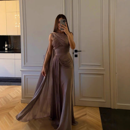 Spring Summer Women Clothing Pleated Ribbon Satin Evening Dress  DestGlow