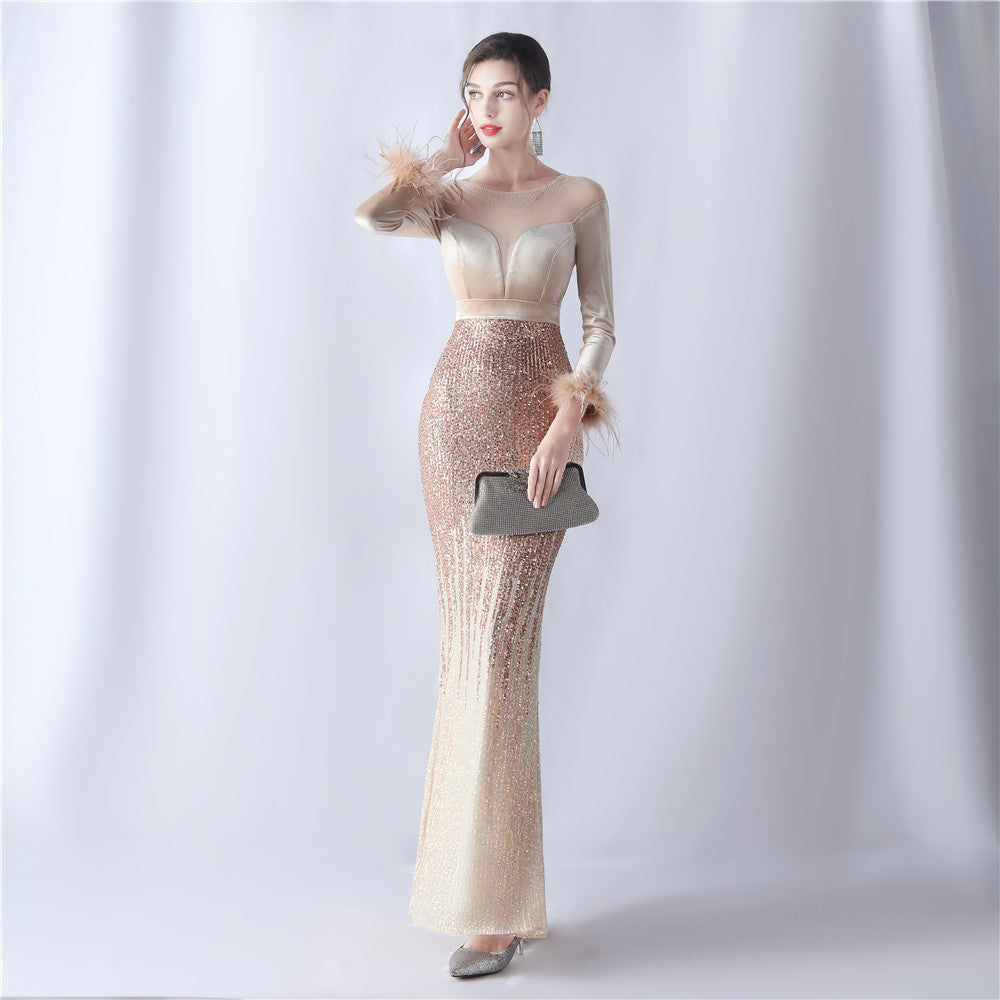 Gradient Bead Drilling Velvet High End Evening Dress by Ragazza