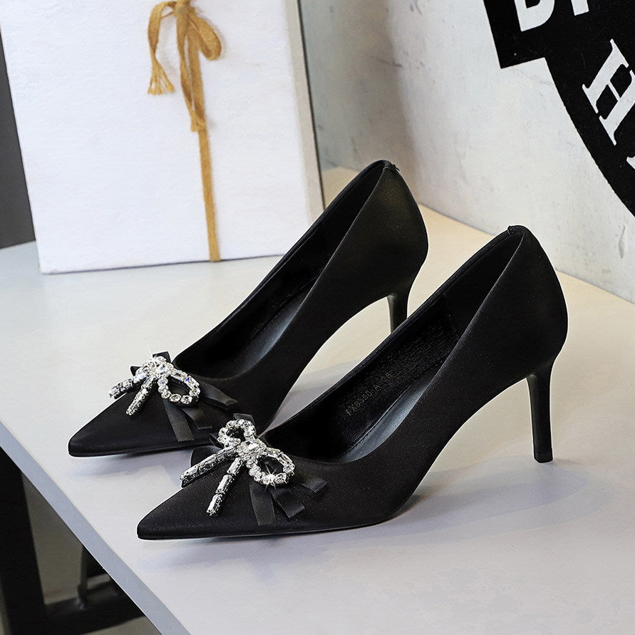 French Elegant Beautiful Rhinestone Ribbon Bow Slip on Satin Stiletto High Heel Shoes Women  DestGlow