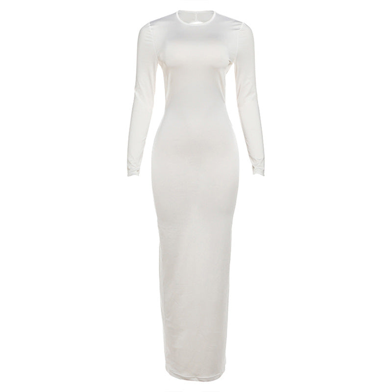 Fall Women Clothing Solid Color Slim Fit Sexy Backless Personality round Neck Long Sleeved Dress by Ragazza