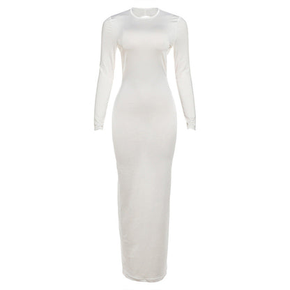 Fall Women Clothing Solid Color Slim Fit Sexy Backless Personality round Neck Long Sleeved Dress by Ragazza