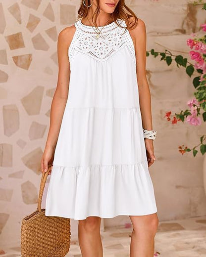 Women Clothing Popular Hollow Out Cutout Lace Stitching Halter A line Dress by Ragazza