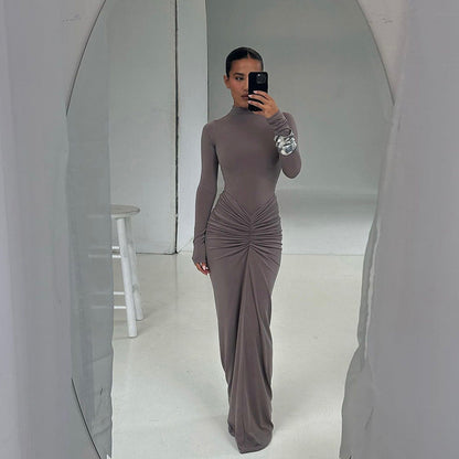 Autumn Winter Sexy Slimming Beam Waist Solid Color Maxi Dress Pleated Dress Women by Ragazza