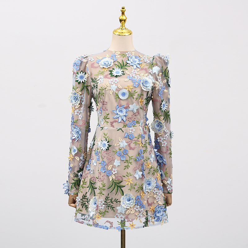 Heavy Industry Three Dimensional Floral Embroidered Slim Long Sleeve Short Dress Women by Ragazza