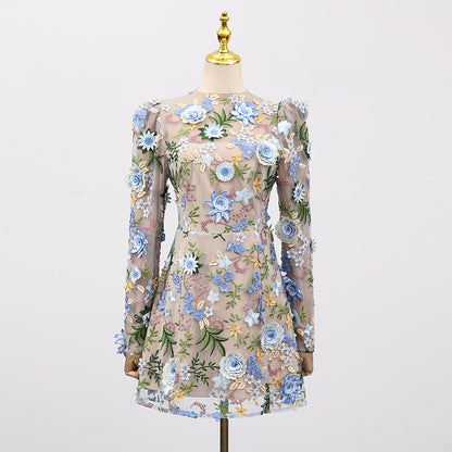 Heavy Industry Three Dimensional Floral Embroidered Slim Long Sleeve Short Dress Women by Ragazza