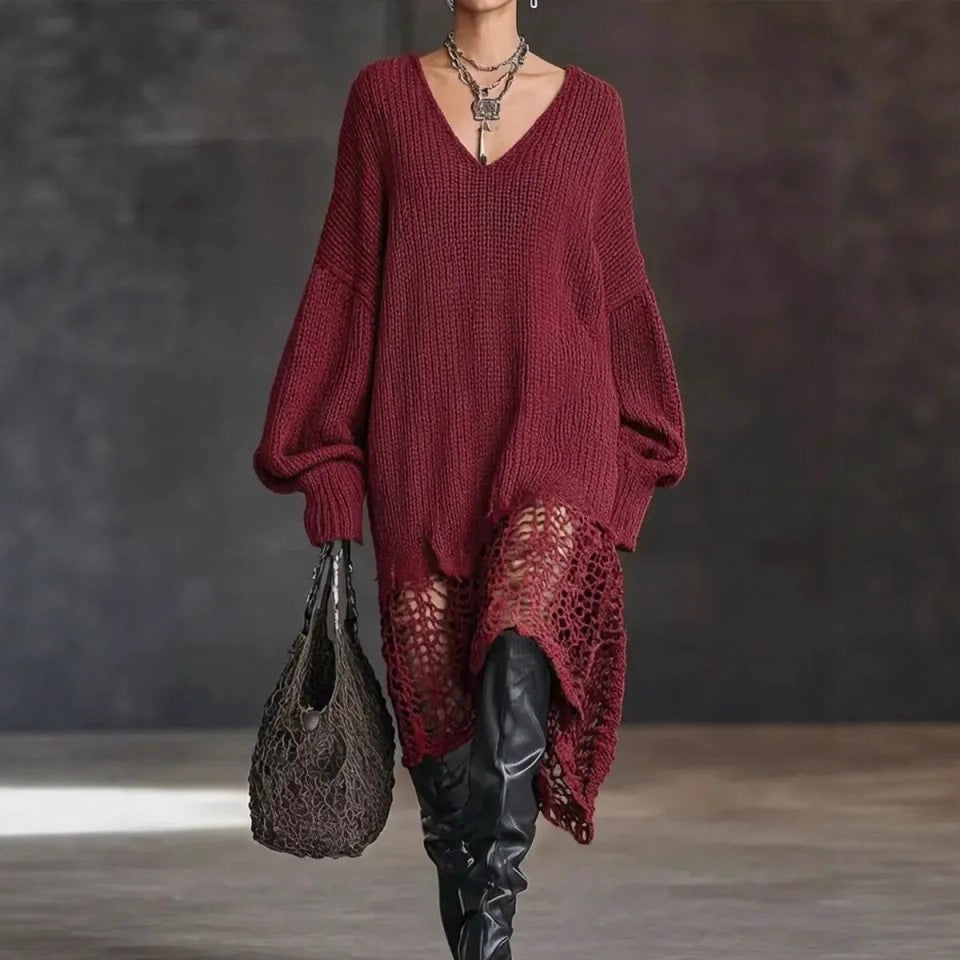 V neck Knitted Dress Irregular Asymmetric Hem Hollow Out Cutout out Loose Dress by Ragazza