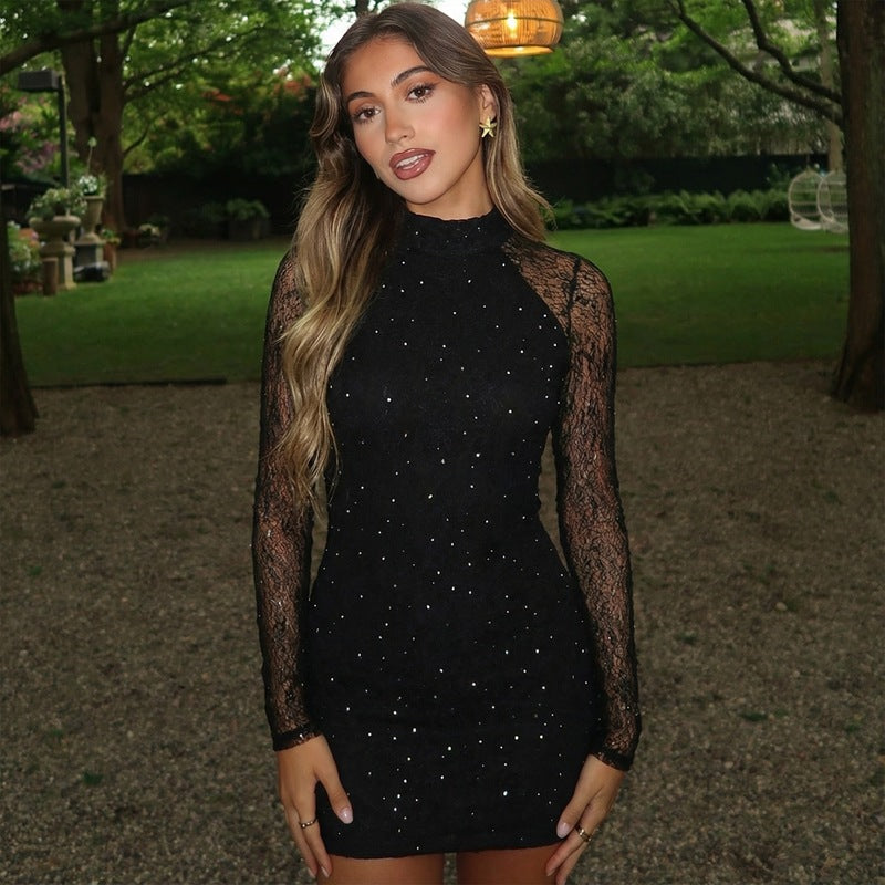 Women Winter Sexy Slim Lace Rhinestone Sheath Long Sleeve Dress by Ragazza