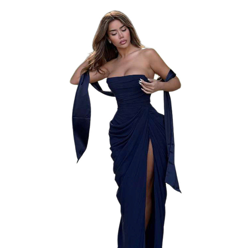Spring Women Clothing Graceful Fashionable Slim Fit Scarf Tube Top Sexy Slit Formal Dress by Ragazza