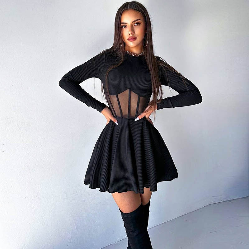 Fall Women Clothing Half High Collar Long Sleeves Mesh Patchwork See through Boning Corset Tight Waist Short Dress by Ragazza