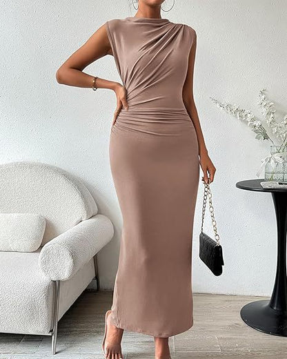 Women Clothing Shein Sleeveless Back Slit Pleated Tight Dress by Ragazza