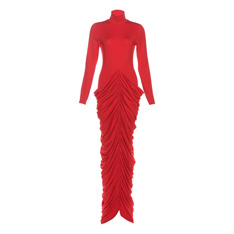 Autumn Winter Women Minimalist Long Sleeve Half Turtleneck Sexy Sheath Backless Solid Color Dress by Ragazza