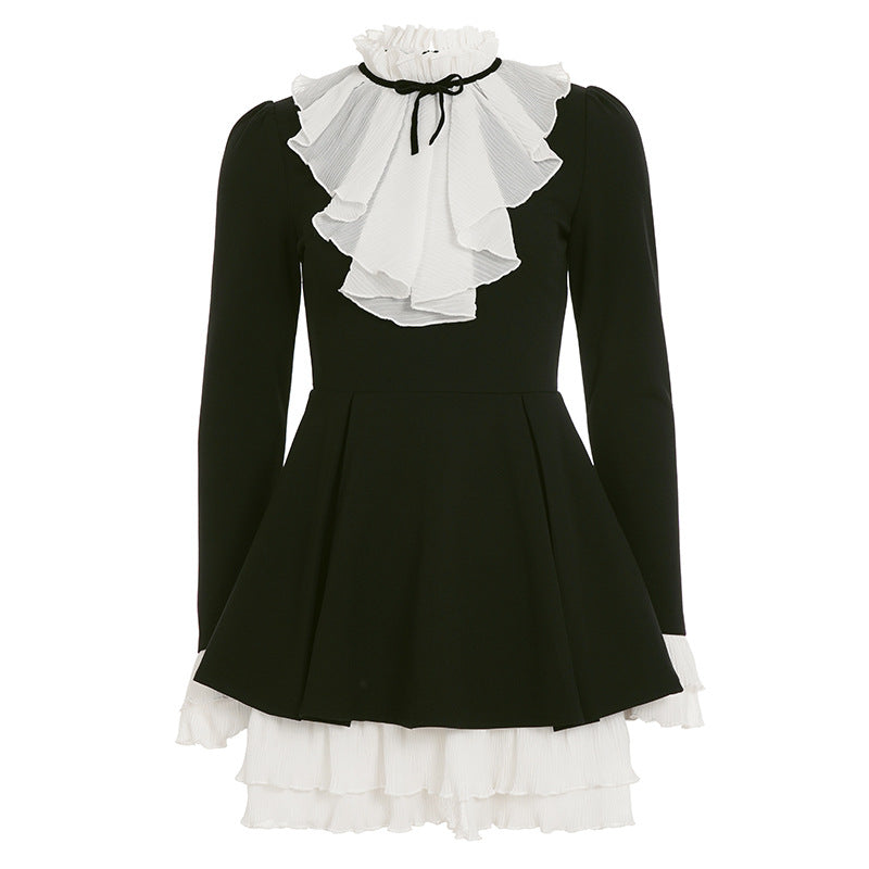Elegant Hepburn Wind Black Velvet Dress Women Self Tie Lace Faux Two Piece Dress by Ragazza