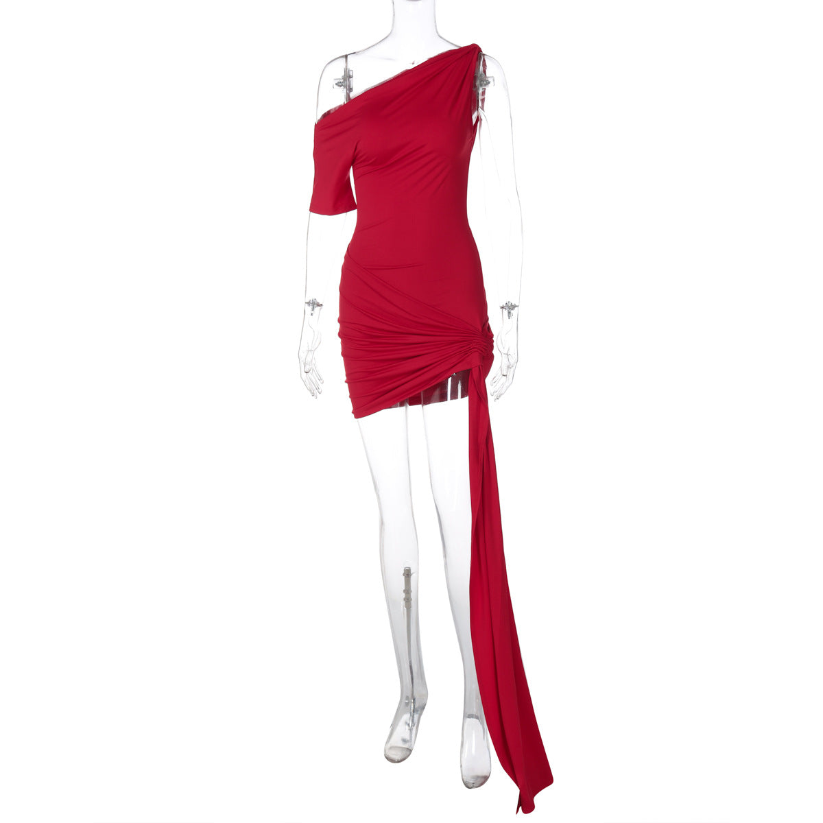 Women Clothing Spring Solid Color Sexy Oblique Shoulder Single Sleeve Asymmetric Ribbon Skinny Hip Dress by Ragazza