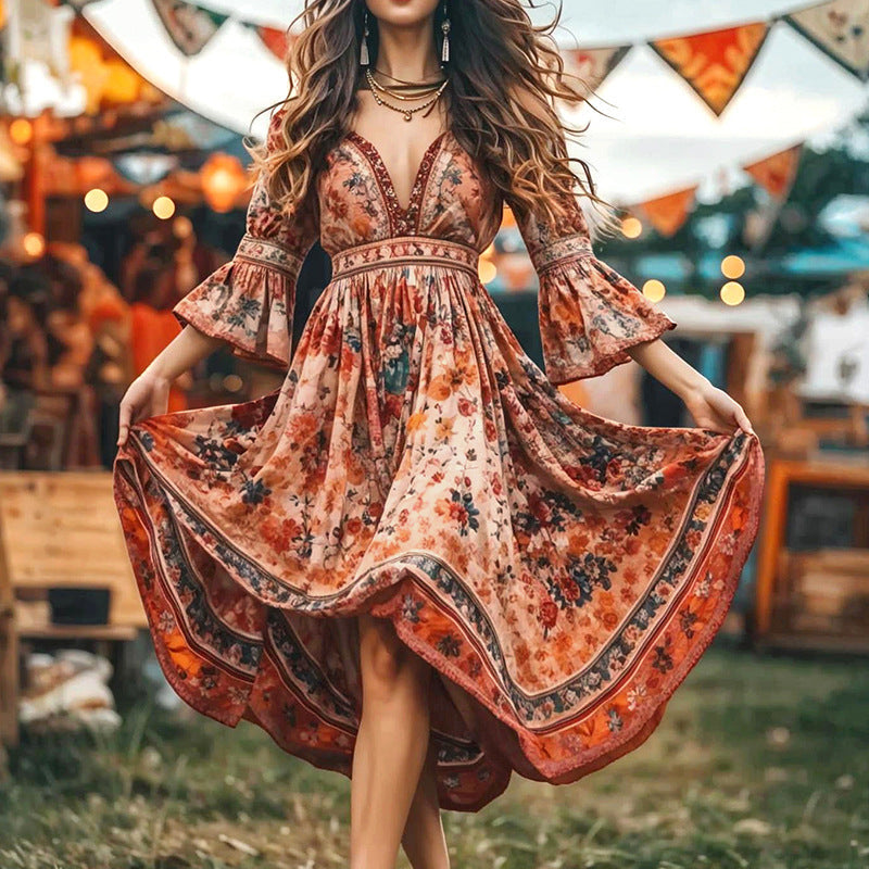 Women Clothes Printed Bohemian V neck Maxi Dress by Ragazza