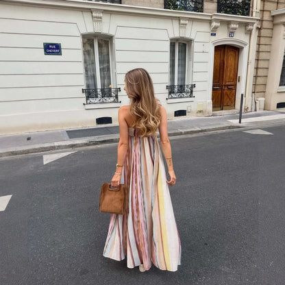 Dress Color Striped Printing Sexy Bandeau Pleated Large Swing Maxi Dress  DestGlow