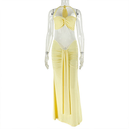 Women Clothing Micro Transparent Lace up Backless Solid Color Hip Dress Halter Pleated Wrapped Chest Slim Fit Maxi Dress  DestGlow