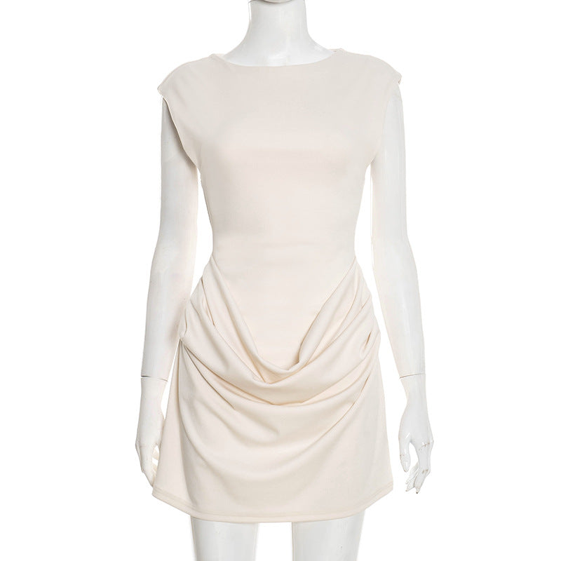 Women Clothing Spring Solid Color Slim round Neck Drop Shoulder Sleeveless Stitching Pinch Pleated Short Dress by Ragazza
