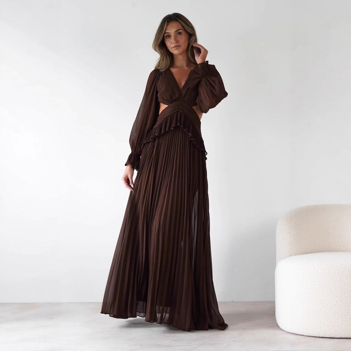 Women Long Sleeve Pleated Waist Tight Backless Dress  DestGlow