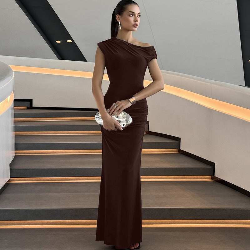 Women Clothing Summer Pleated Waist Tight Slimming Shoulder Hollow Out Cutout Sexy Solid Color Dress by Ragazza
