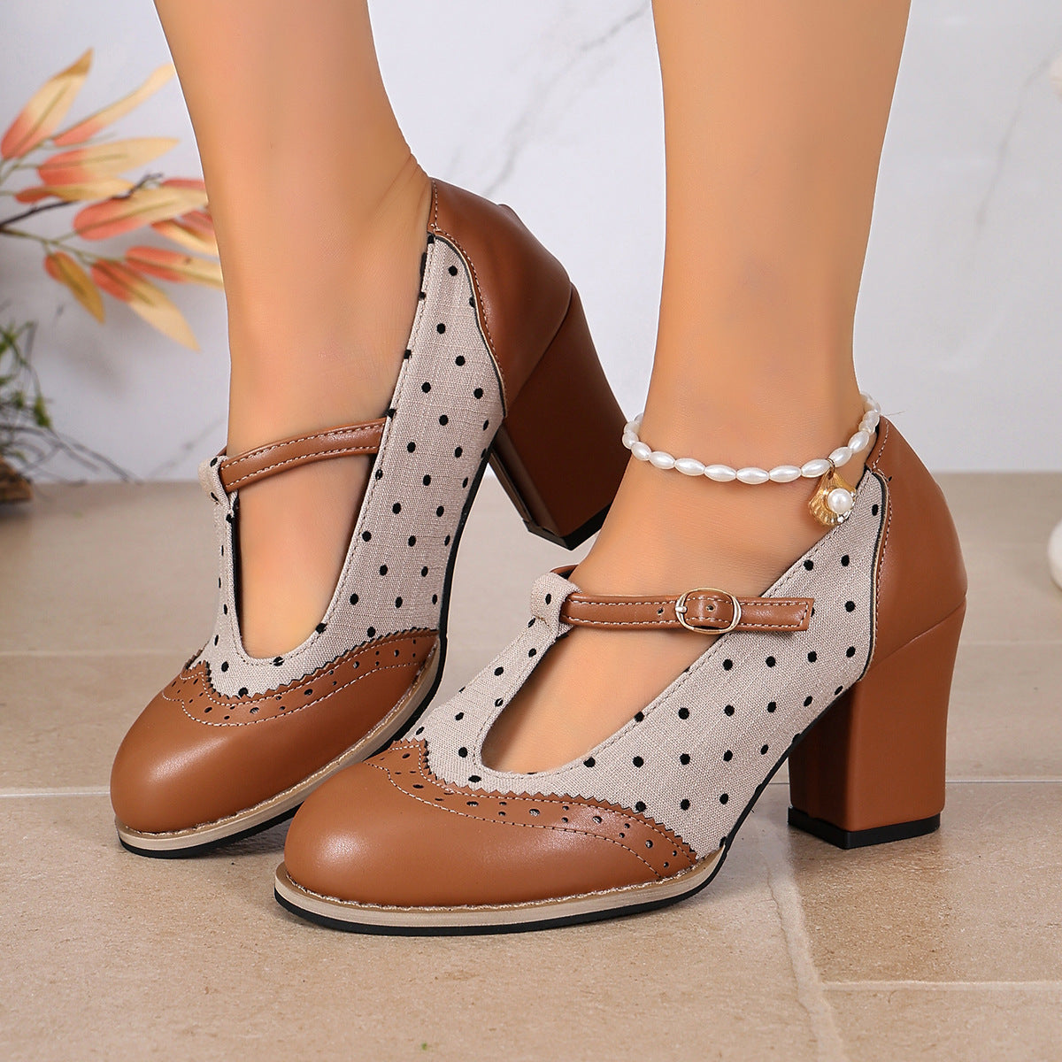 Lace Mary Jane Low Top Shoes Women Color Matching T Straps Shallow Mouth Thick High Heel Buckle Women Shoes  DestGlow