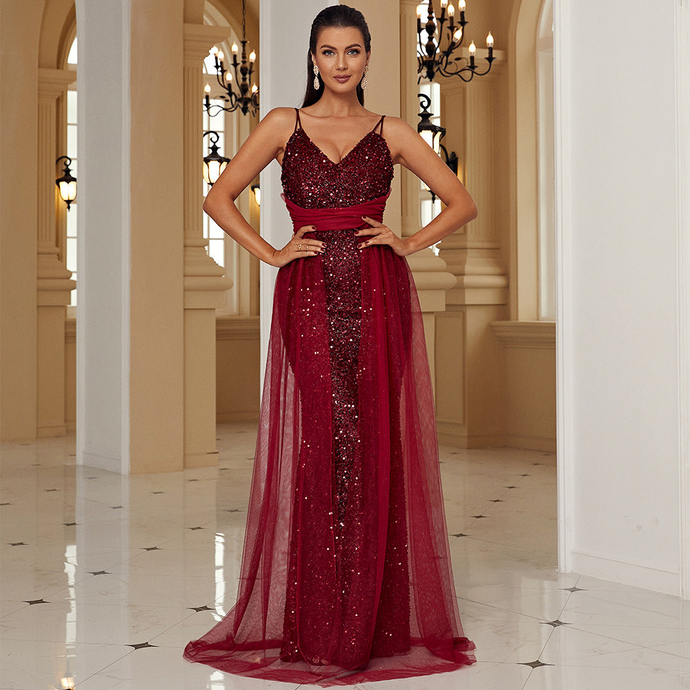 Sleeveless Elegant Sexy Long Sequined Lace V neck Backless Cocktail Evening Bridesmaid Dress Women Maxi by Ragazza