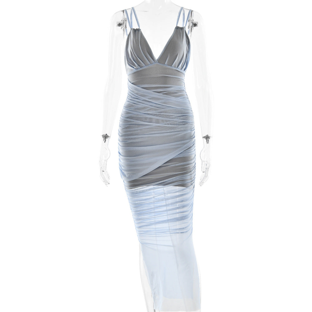 Suspender Deep V Plunge Sexy Dress Sexy Pleated Slim Mesh Dress by Ragazza