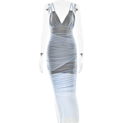 Suspender Deep V Plunge Sexy Dress Sexy Pleated Slim Mesh Dress by Ragazza