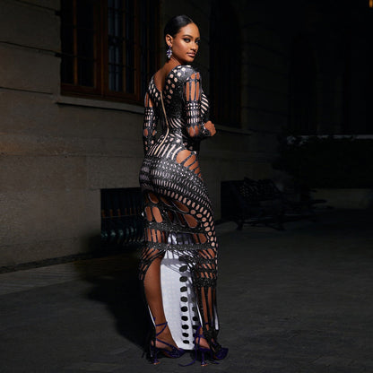 Women Clothing Sexy Ripped Skinny Sheath Dress Rhinestone Printed Dress by Ragazza