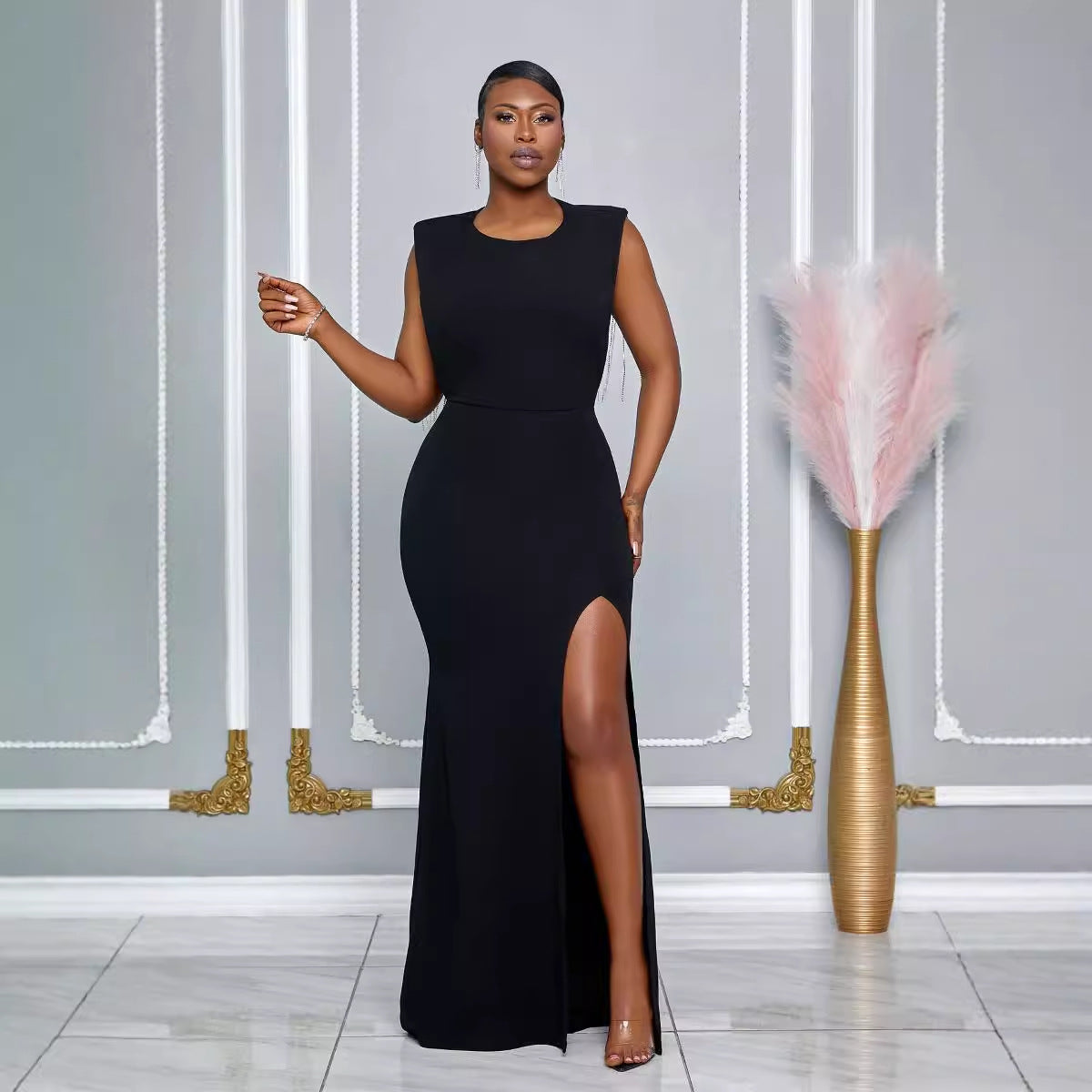 Round Neck Back Hollow Out Cutout Rhinestone Strip Slim Fit Slit Dress by Ragazza