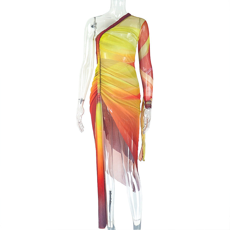 Women Clothing Pleated Color Matching Slit Slim Fitting Asymmetric Diagonal Collar Shoulder Long Sleeve Dress by Ragazza