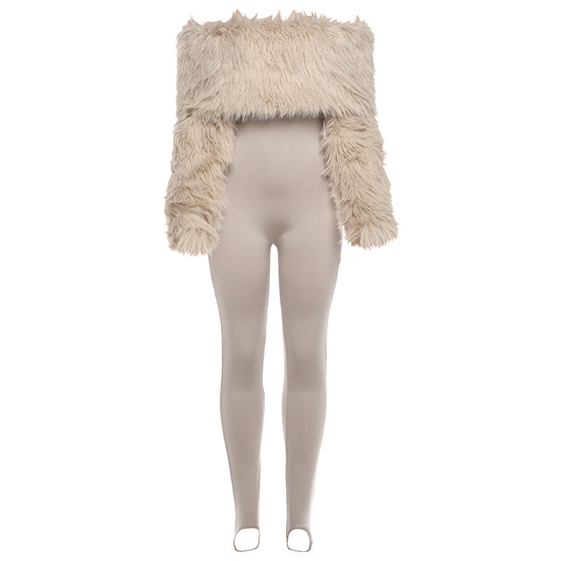 Autumn Winter Women Clothing Sexy Plush Stitching High Waist Slim Solid Color Jumpsuit by Ragazza