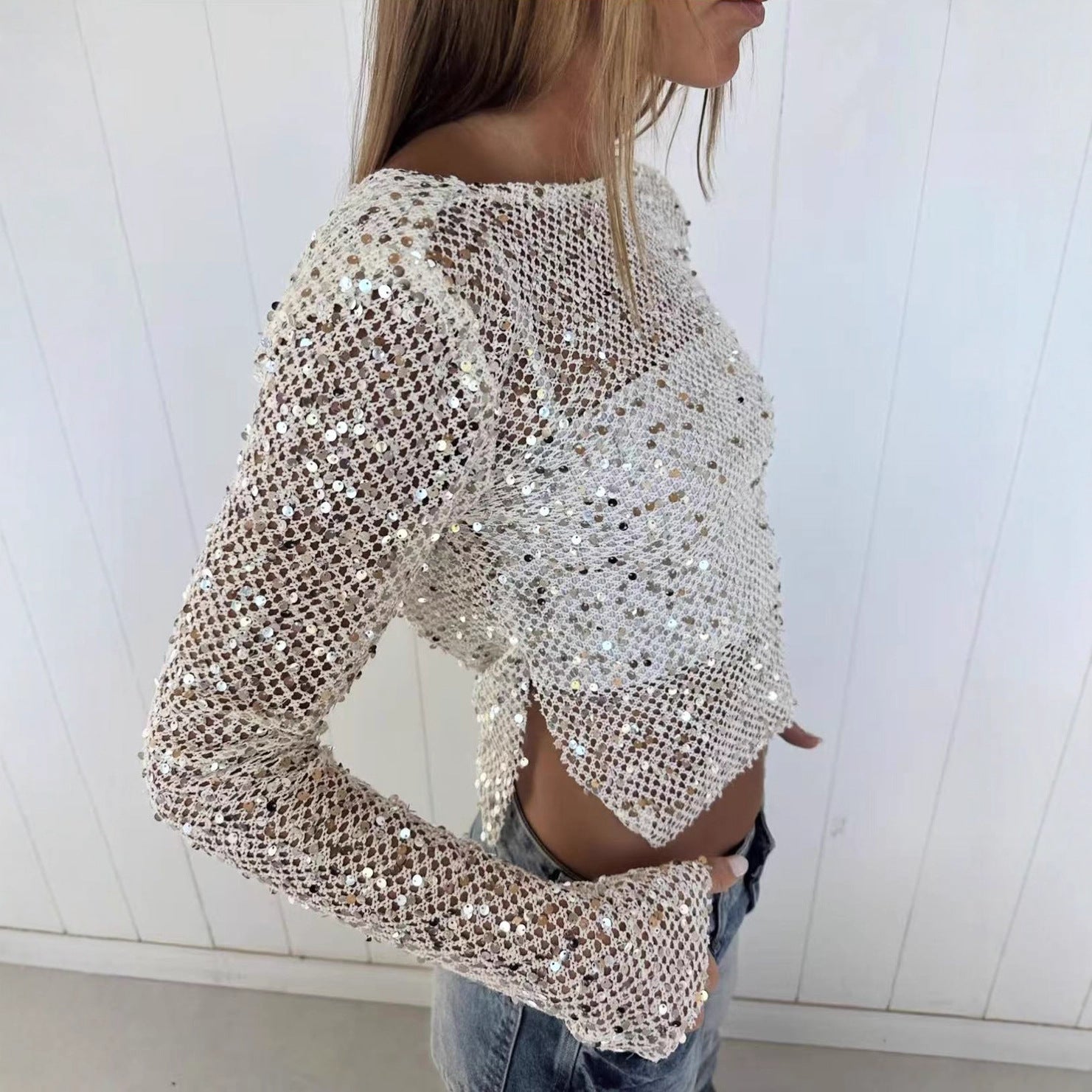Autumn Winter Sequin Fishnet Sexy Two Way Wearing Long Sleeved Top by Ragazza