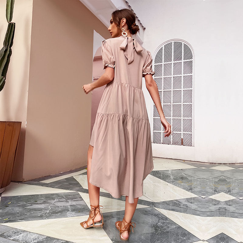 High Waist Solid Color Irregular Asymmetric Loose Pleated Dress Casual Babydoll Dress by Ragazza