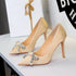 Cocktail Champagne Satin Super High Heels Rhinestone Bow Pointed Slip on Pumps  DestGlow