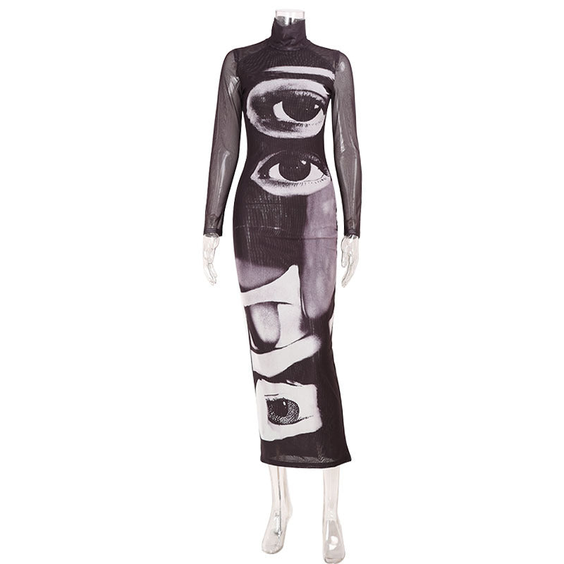 Women Clothing Three Dimensional Printing Double Layer Mesh Turtleneck Long Sleeve Dress Long by Ragazza