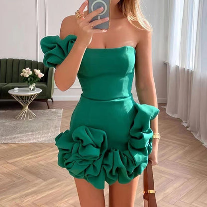 Summer Women Clothing Dress Ruffled Bud Tight Waist Dress One Shoulder Tube Top Hip Dress by Ragazza
