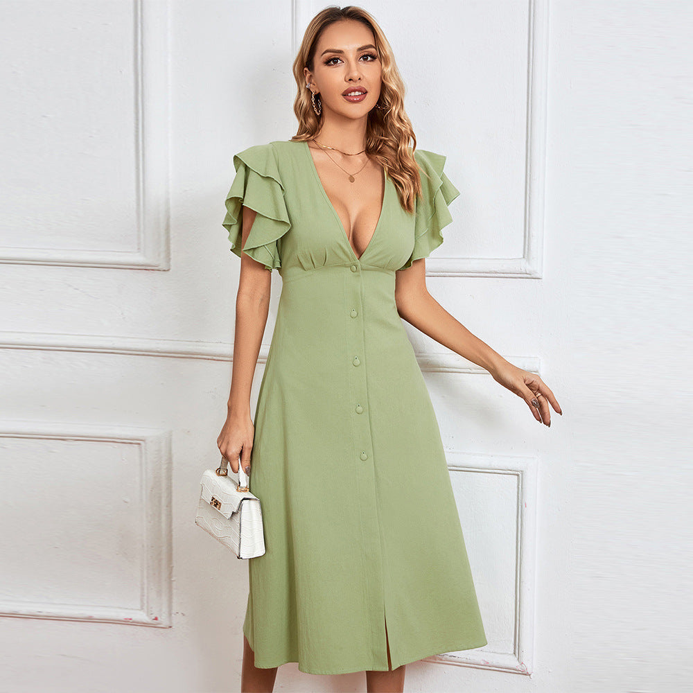 Spring Summer Women Clothing V neck Sexy Backless A line Midi Dress by Ragazza