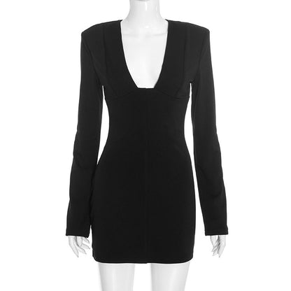 Women Clothing Solid Color Long Sleeve Slim Fit Slimming V Neckline Blazers Dress  DestGlow