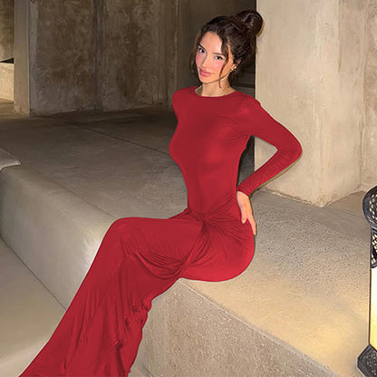 Women Clothing Winter Elegant Slim Twist Fold round Neck Long Sleeved Dress by Ragazza