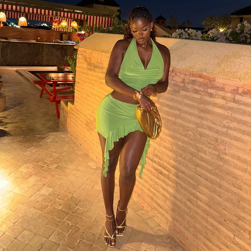 Solid Color Women Clothing Metal Ring Flounce Peplum Hip Wrapped Dress Pleated V neck Halter Dress by Ragazza