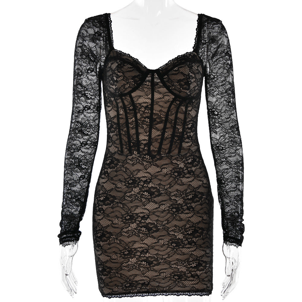 Autumn Winter V neck Long Sleeved Lace Dress Fashionable Sexy Tight Backless Hip Dress by Ragazza