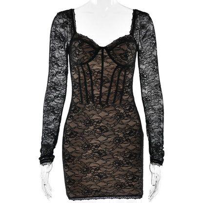 Autumn Winter V neck Long Sleeved Lace Dress Fashionable Sexy Tight Backless Hip Dress by Ragazza