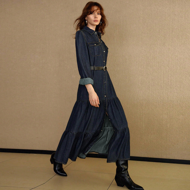 Women Clothing Denim Long Sleeve Breasted Waist Dress（Without Belt） by Ragazza