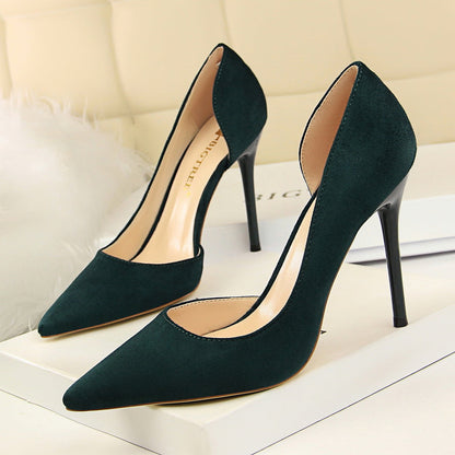 Simple Stiletto Heel Suede Shallow Mouth Pointed Toe Sexy Nightclubs Thinner Side Hollow Out Cutout Pumps  DestGlow