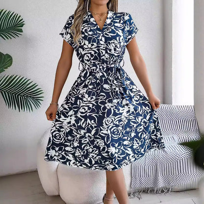 Spring Summer Casual V neck Buttons Batwing Sleeve Floral Swing Dress Women Clothing by Ragazza