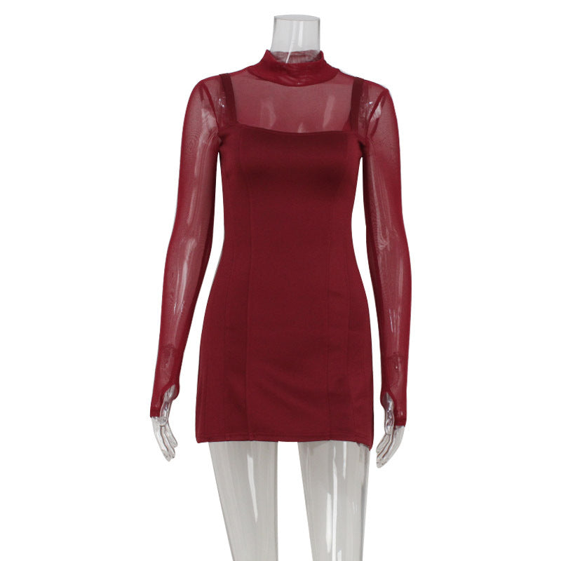 Women Clothing French Square Collar Mesh Stitching Solid Color Simple Waist Controlled A line Dress by Ragazza