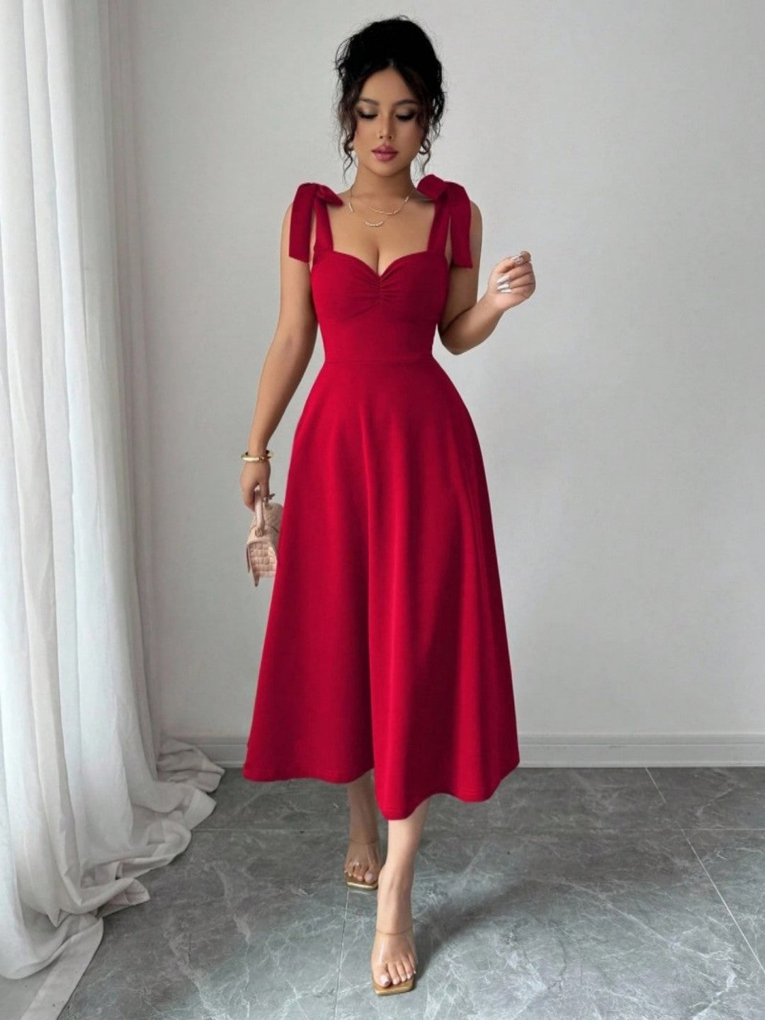 Spring Summer Solid Color Tied Dress Waist Slimming Elegant Graceful Maxi Dress by Ragazza